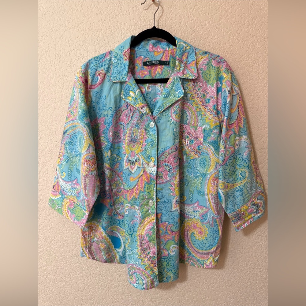 Ralph Lauren Woman Paisley Night Shirt Gown Button Down Sleepwear Logo Sz Xl